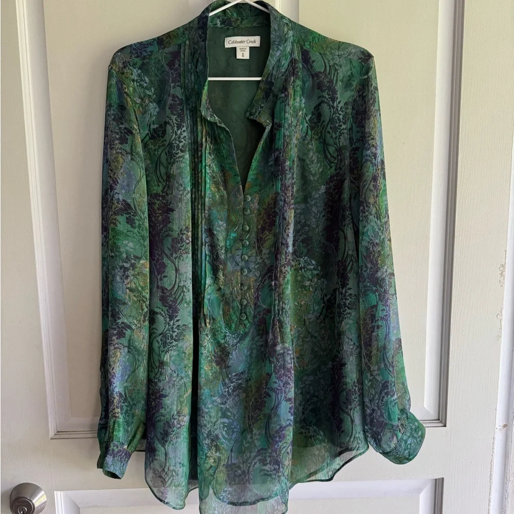 Coldwater Creek Green & Teal Floral Pintuck Button Blouse - Picture 2 of 8